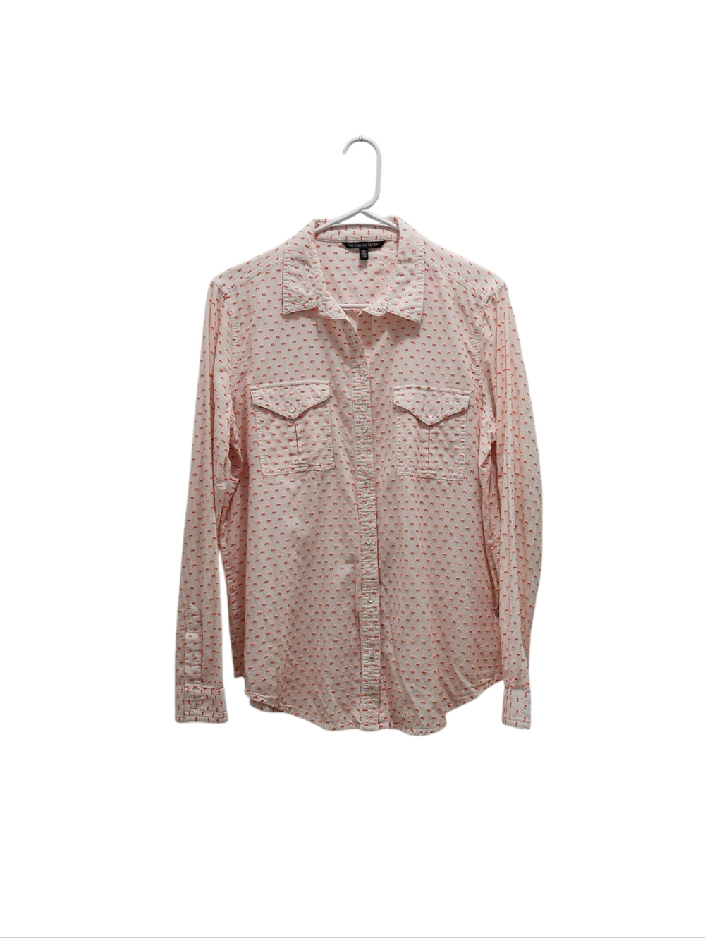 Victoria's Secret Button Down Shirt White Top Bright Pink Textured Dots Size L